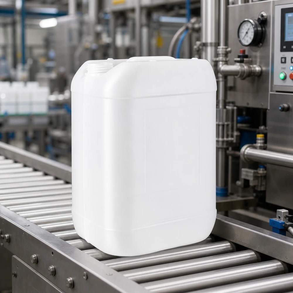 Kanister 25 Liter ohne Verschluss Weißer 25-Liter-Kunststoffkanister ohne Verschluss auf Förderband in Industrieanlage