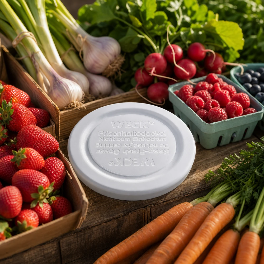 WECK Frischhaltedeckel RR40 zwischen frischem Gemüse und Beeren - ideal für Vorratshaltung von Erdbeeren bis Karotten