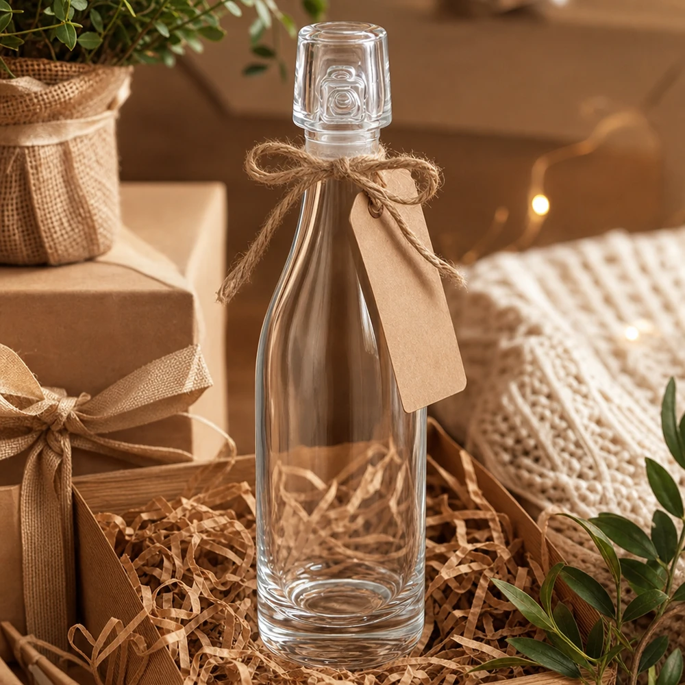 50ml Glasflasche ohne Bügelverschluss UNiTWIST® 50ml Glasflasche UNiTWIST Geschenkverpackung mit Juteschnur und Anhänger in Geschenkbox mit Stroh