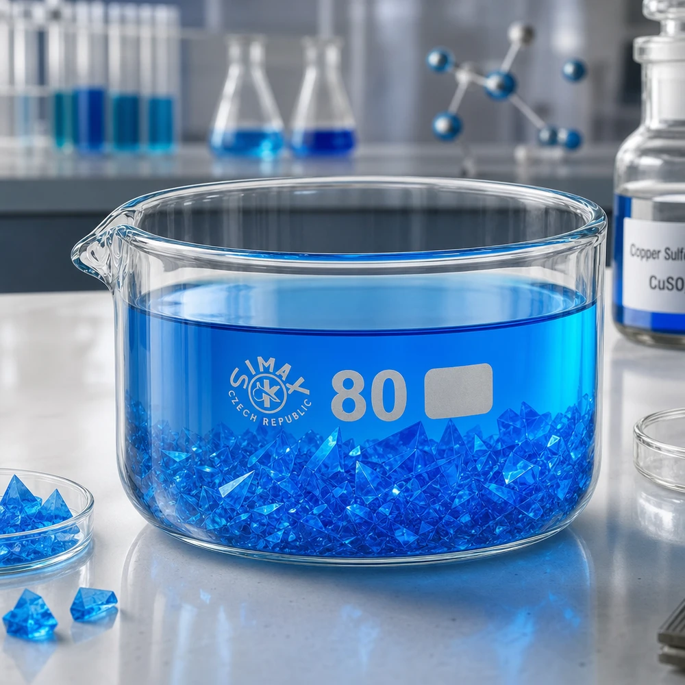 150ml Kristallisierschale mit Ausguss Borosilikat ø80mm Kristallisierschale 150ml Borosilikatglas ø80mm mit Ausguss gefüllt mit Kupfersulfat-Kristallen Labor