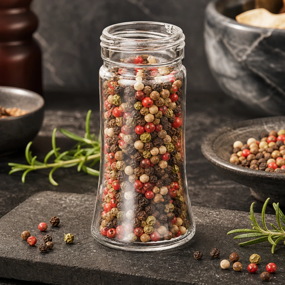 Salz/-Gewürzglas Bobby 95ml, Gewinde 41mm Klarglas Klarglas-Gewürzglas Bobby 95ml mit Gewinde 41mm gefüllt mit buntem Pfeffermix für gewerblichen Einsatz