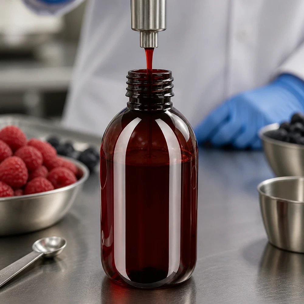 PET Flasche 250ml PP28 Braun wird professionell befüllt im Labor mit Beerensaft