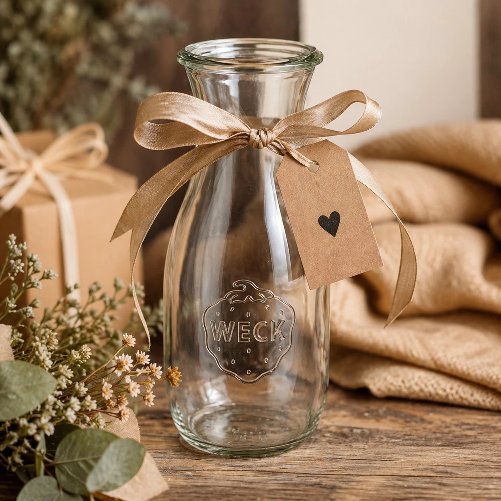 530ml Saftflasche WECK RR60 WECK Glasflasche 530ml RR60 dekorativ mit brauner Schleife und Geschenkanhänger auf Holztisch mit Blumen