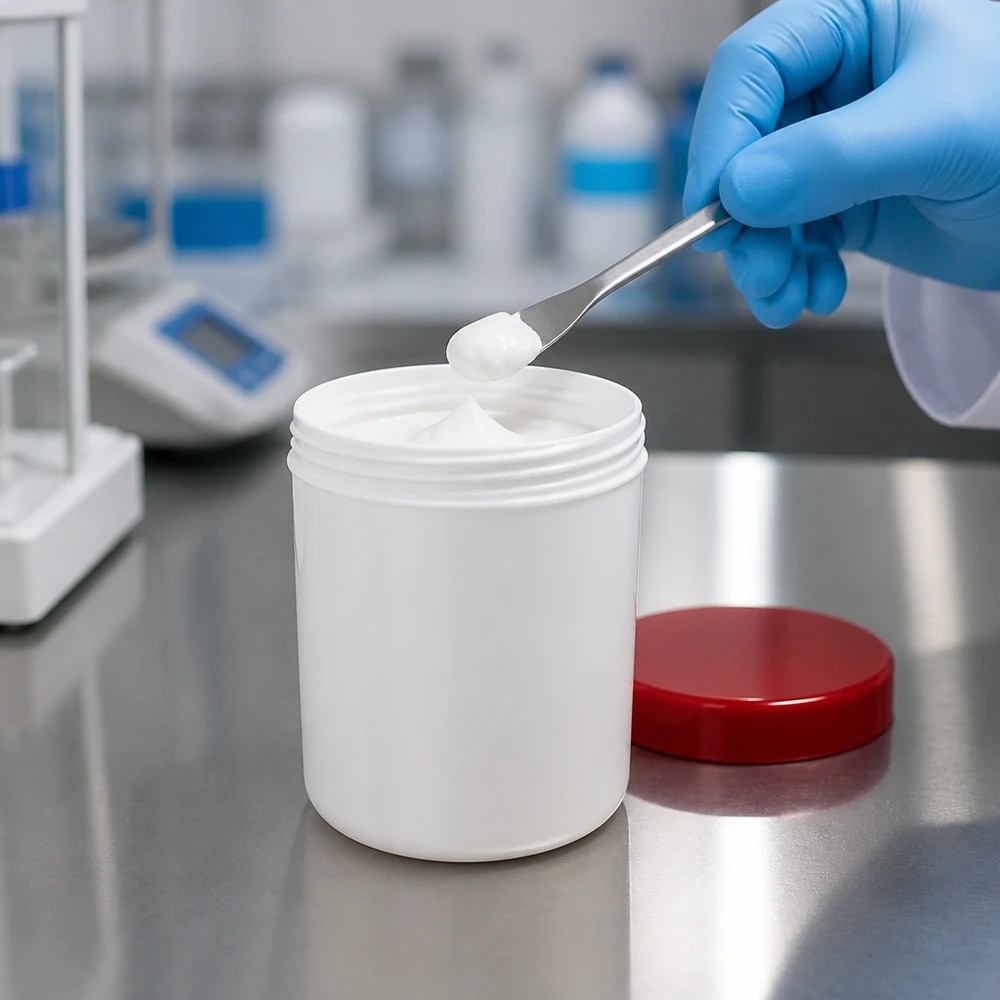 Salbenkruke 150g weiß mit rotem PP-Schraubdeckel für professionelle Abfüllung im Labor