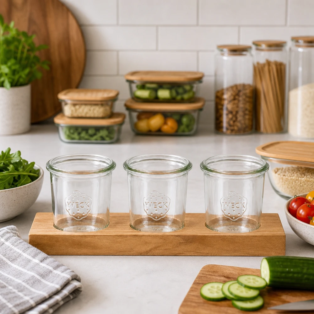 Servierbrett Plano3 mit 3 Weck Sturzgläsern 140ml Servierbrett Plano3 mit leeren WECK Gläsern 140ml in moderner Küche neben Gemüse und Aufbewahrungsdosen