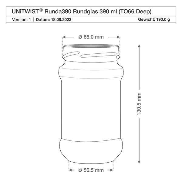 390ml Rundglas ohne Deckel (TO70) UNiTWIST Technische Zeichnung UNiTWIST Runda390 Rundglas 390ml TO66 Deep mit Maßangaben 65mm Durchmesser 130,5mm Höhe