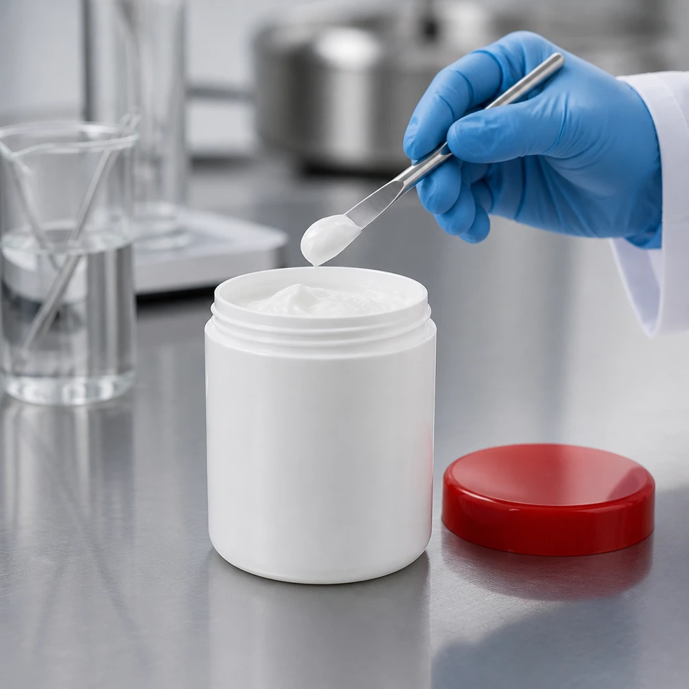 Salbenkruke 800g weiß mit rotem Schraubdeckel (Polypropylen) Salbenkruke 800g weiß PP mit rotem Schraubdeckel zur professionellen Abfüllung von Cremes und Salben