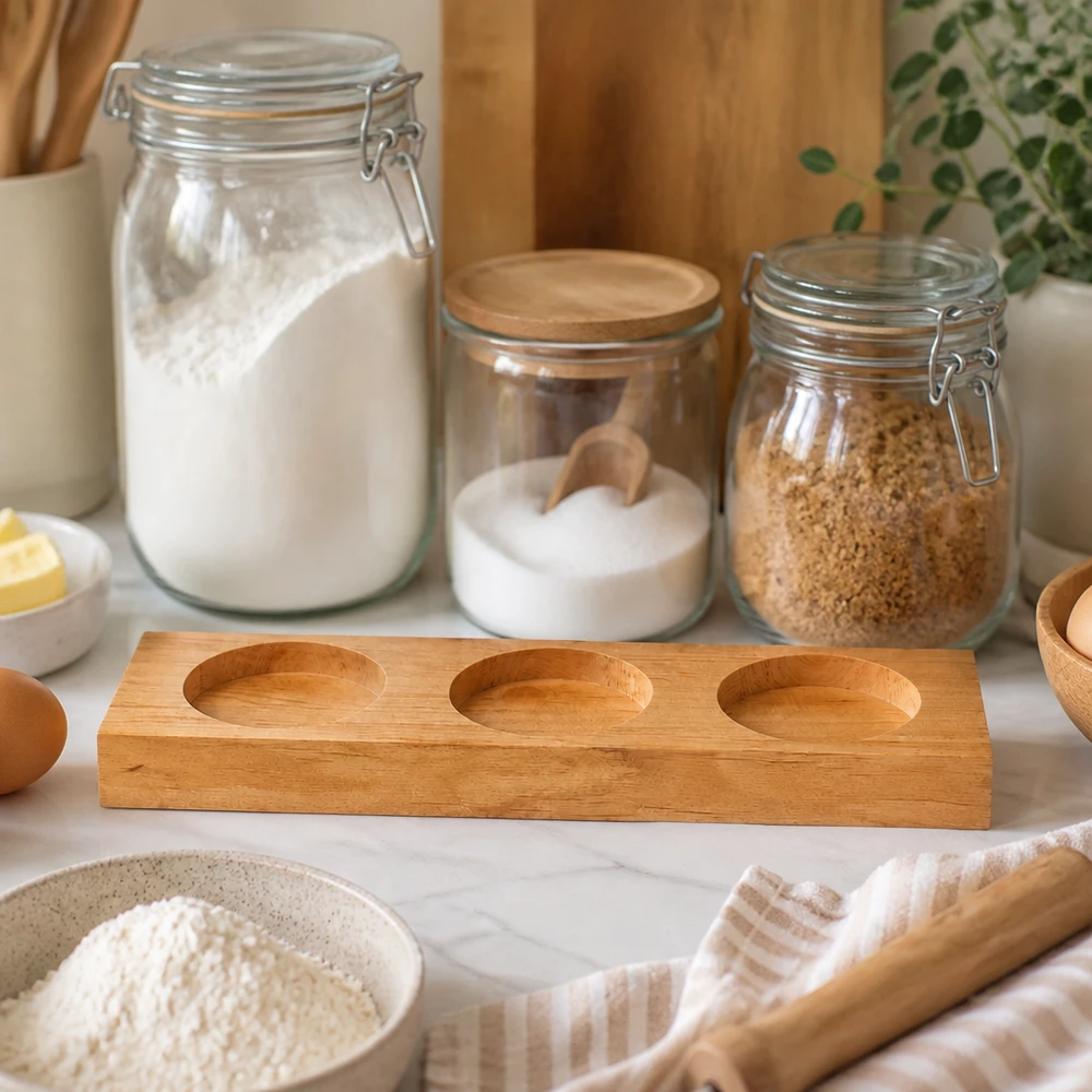 Servierbrett Plano3 für 3 WECK Sturzgläser Holz-Servierbrett Plano3 mit drei Aussparungen in professioneller Vorratsküche zwischen Mehl- und Gewürzbehältern