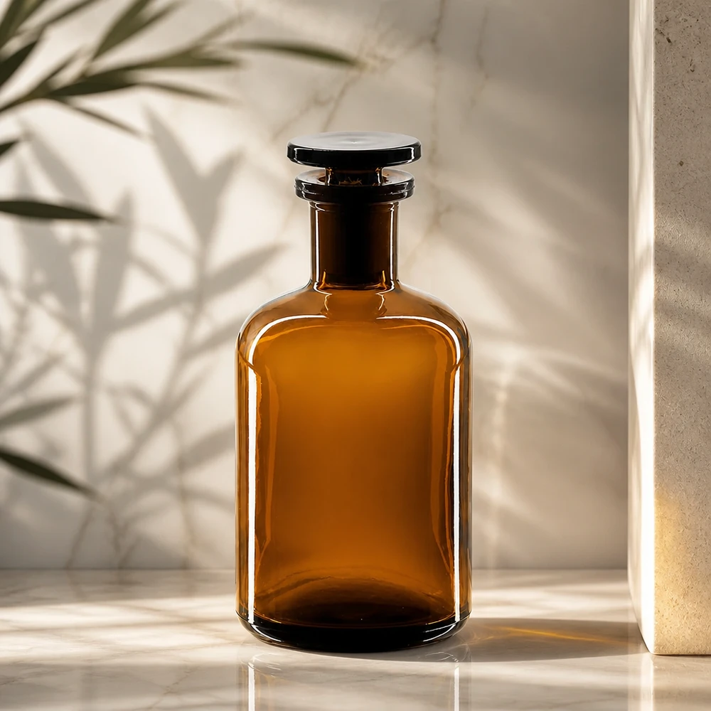 Rundschulterfl. 100ml braun Enghals Glasstopfen Braune Enghals-Rundschulterflasche 100ml aus Glas mit Glasstopfen für Labor und Gewerbe