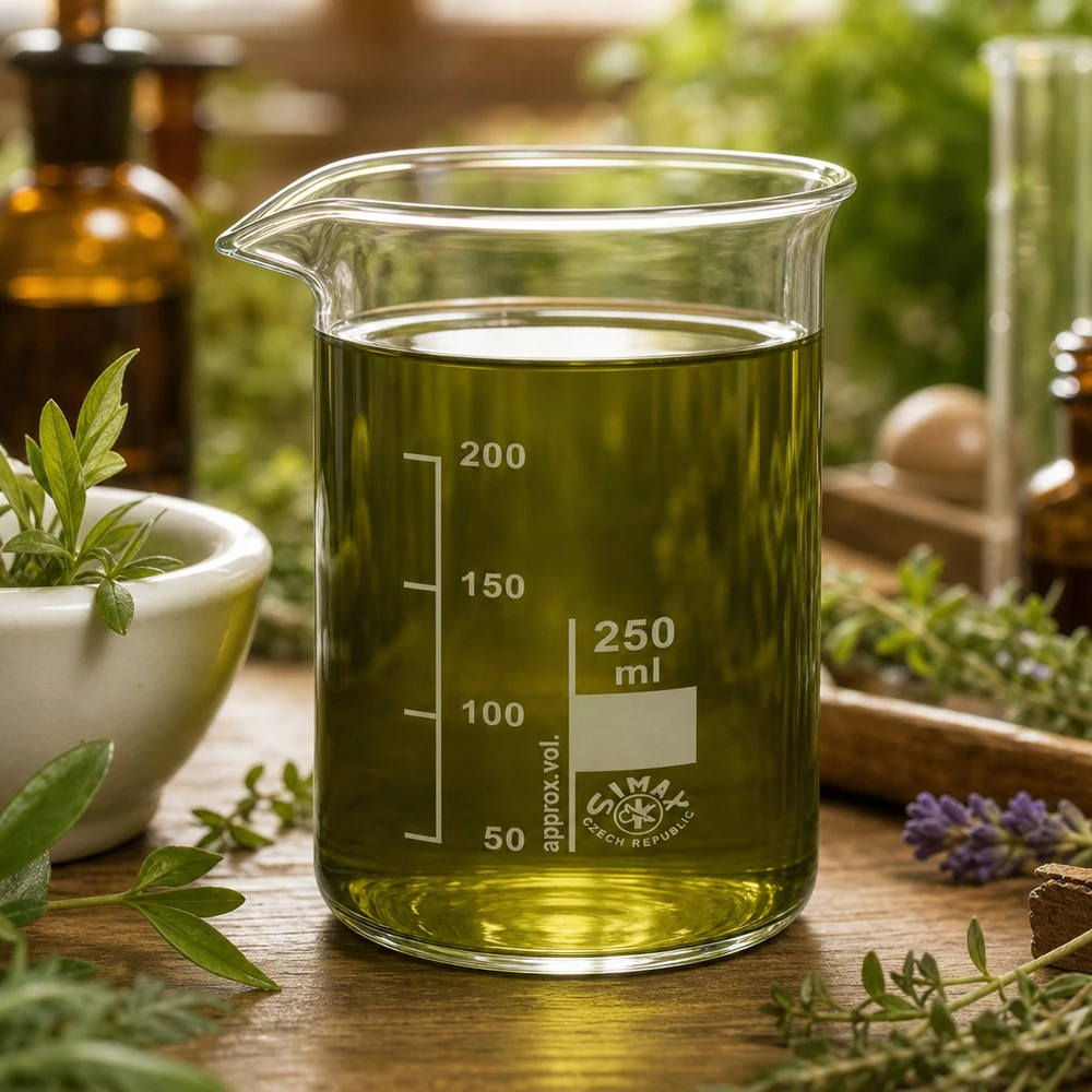 Becherglas 250ml Borosilikatglas hohe Form mit grüner Flüssigkeit für Labor und Apotheke