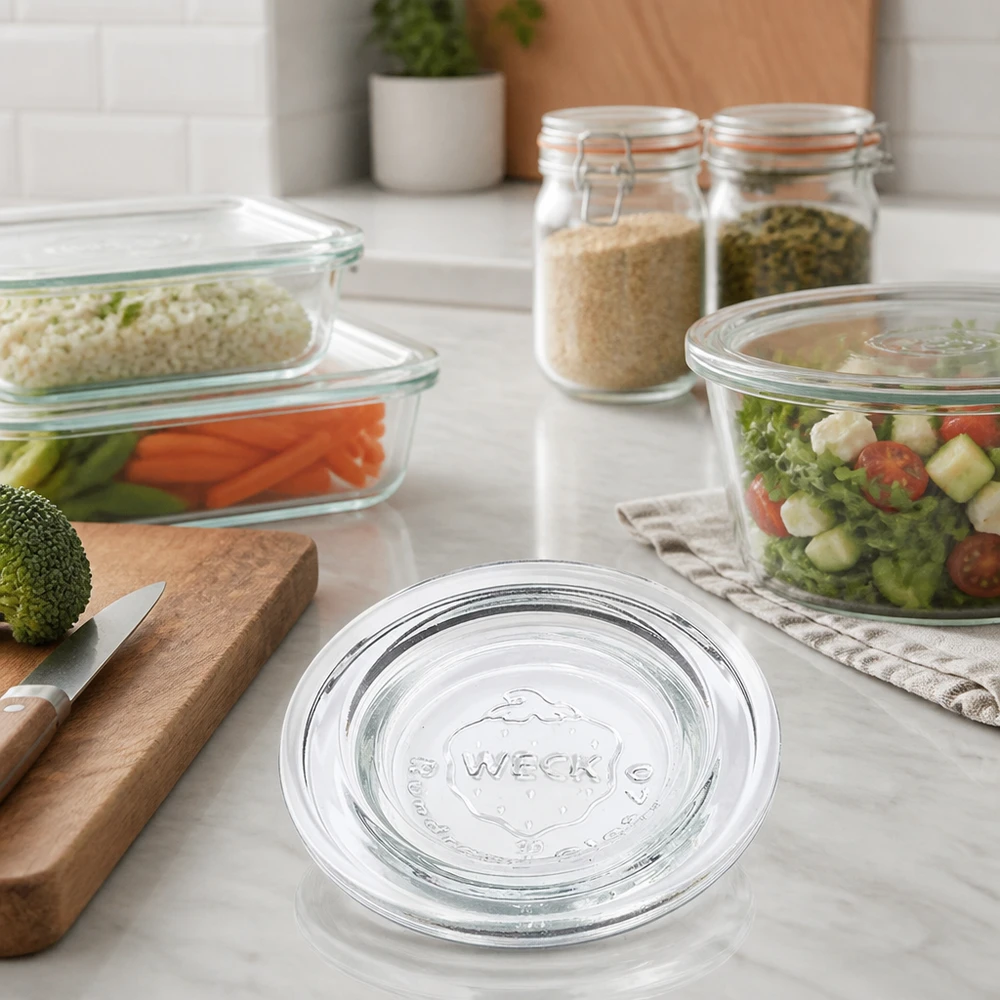 WECK Glasdeckel RR40 WECK Glasdeckel RR40 für Meal Prep und Vorratshaltung in moderner Küche mit Gemüse und Gewürzen
