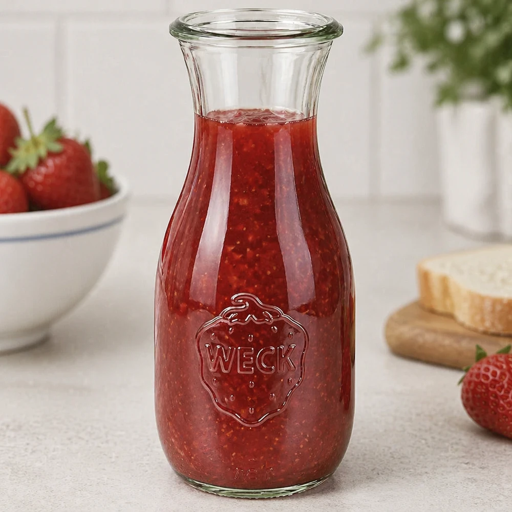 530ml Saftflasche WECK RR60 WECK Saftflasche 530ml RR60 mit Erdbeermarmelade gefüllt präsentiert neben frischen Erdbeeren für Gastronomie