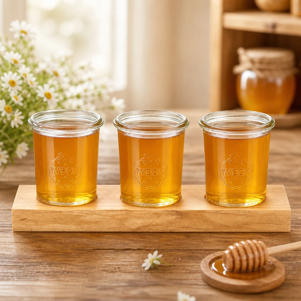 Servierbrett Plano3 mit 3 Weck Sturzgläsern 160ml Drei Weck Sturzgläser 160ml mit goldenem Honig auf Servierbrett Plano3 neben Honiglöffel und Blütendeko