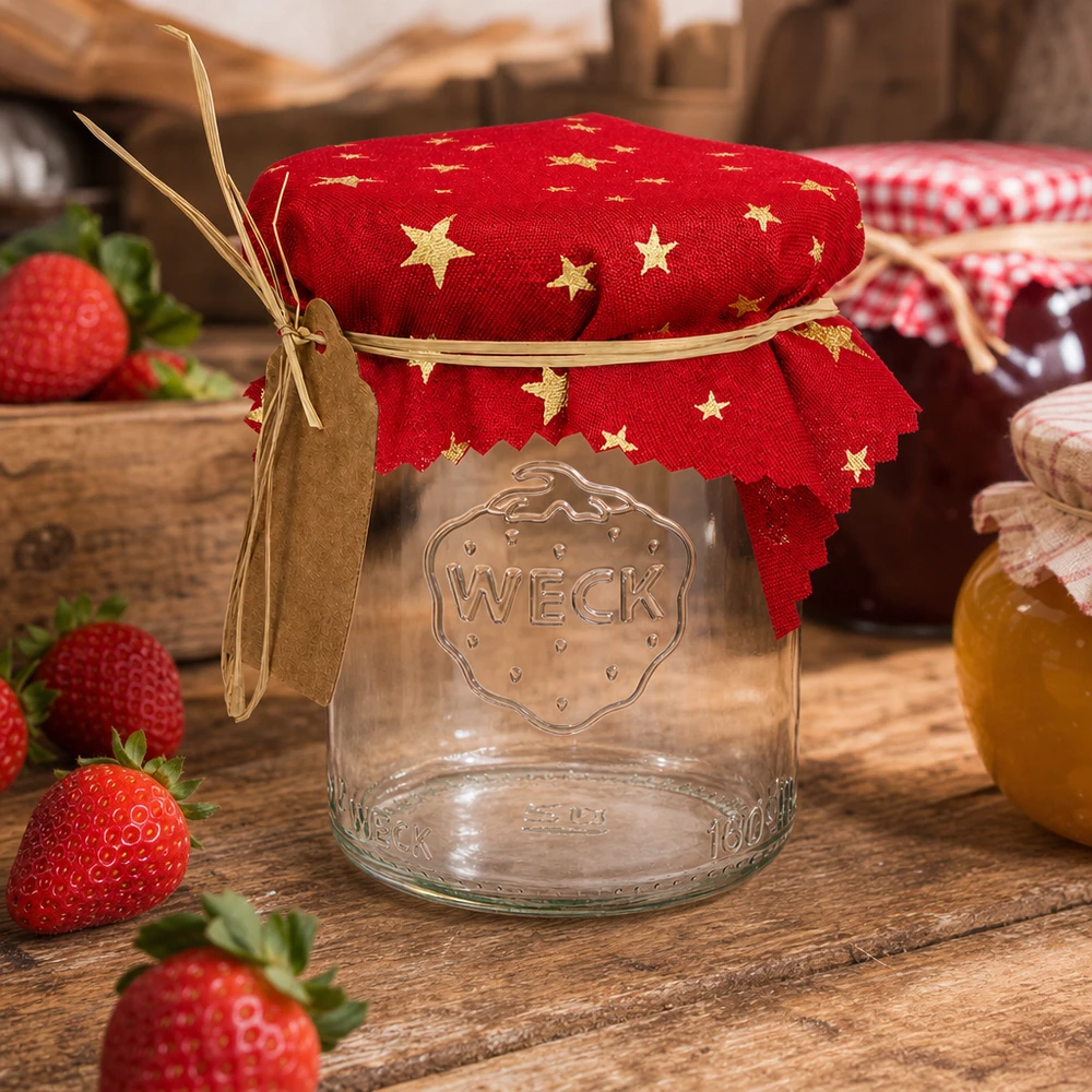 Professionelle Dekoration WECK Glas mit rotem Sternchen-Stoffdeckchen 12cm für Gastronomie und Einzelhandel Präsentation
