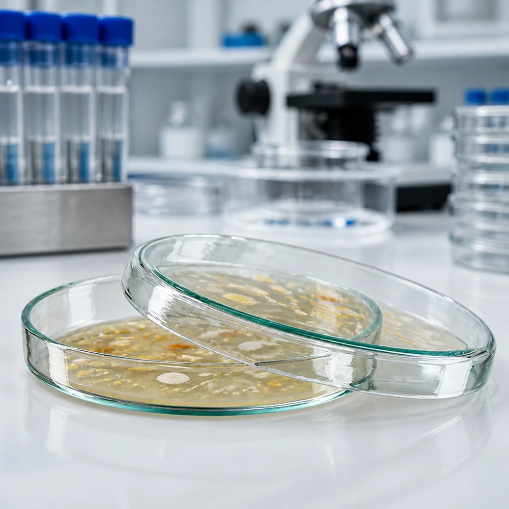 Petrischale 90x15mm Glas Petrischale 90x15mm aus Glas mit Bakterienkulturen im Labor für professionellen mikrobiologischen Einsatz