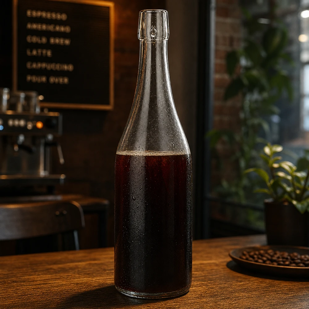 750ml Glasflasche ohne Bügelverschluss UNiTWIST® 750ml UNiTWIST Glasflasche mit dunklem Kaffeegetränk befüllt in professioneller Café Atmosphäre Gastronomie Einsatz