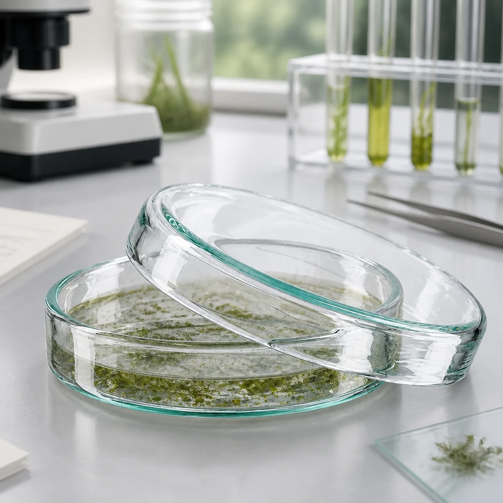 Petrischale 60x15 aus Glas Glas-Petrischale 60x15 mm im Labor mit Mikrobenkulturen für professionelle mikrobiologische Anwendungen