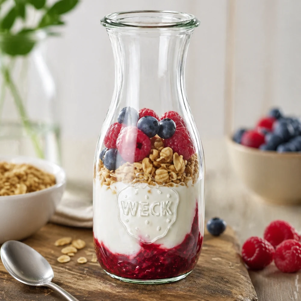 530ml Saftflasche WECK RR60 WECK Saftflasche 530ml RR60 als Müslischale mit Joghurt Beeren und Granola gefüllt neben frischen Früchten