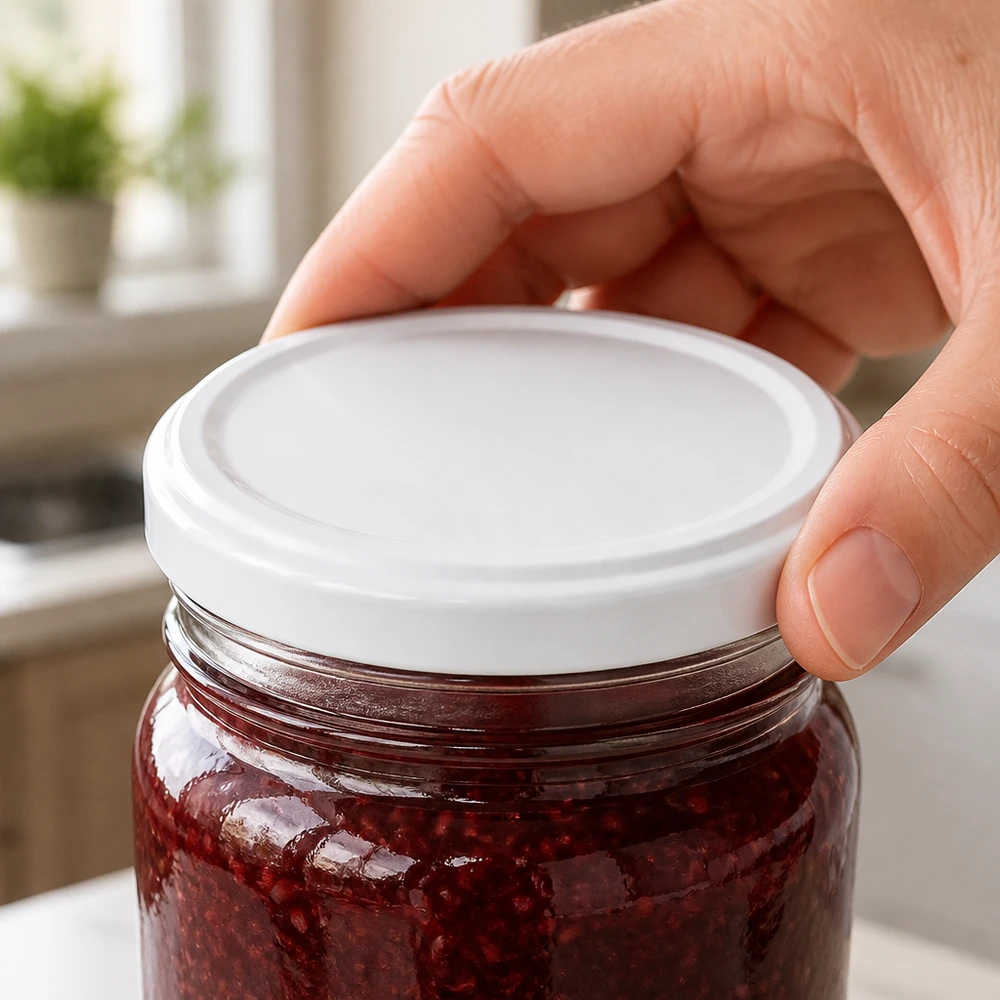 UNiTWIST TO43 Weißblech-Twist-Off-Deckel BioSeal BPA-frei für Einmachglas mit Himbeermarmelade