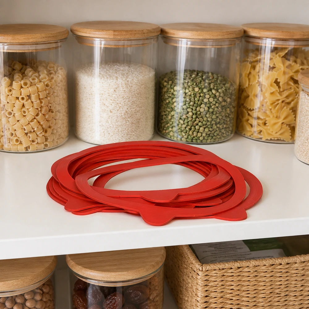 Einkochring Naturgummi RR120 Rote Naturgummi Einkochringe RR120 in Vorratsküche neben gefüllten Glasdosen mit Pasta und Hülsenfrüchten