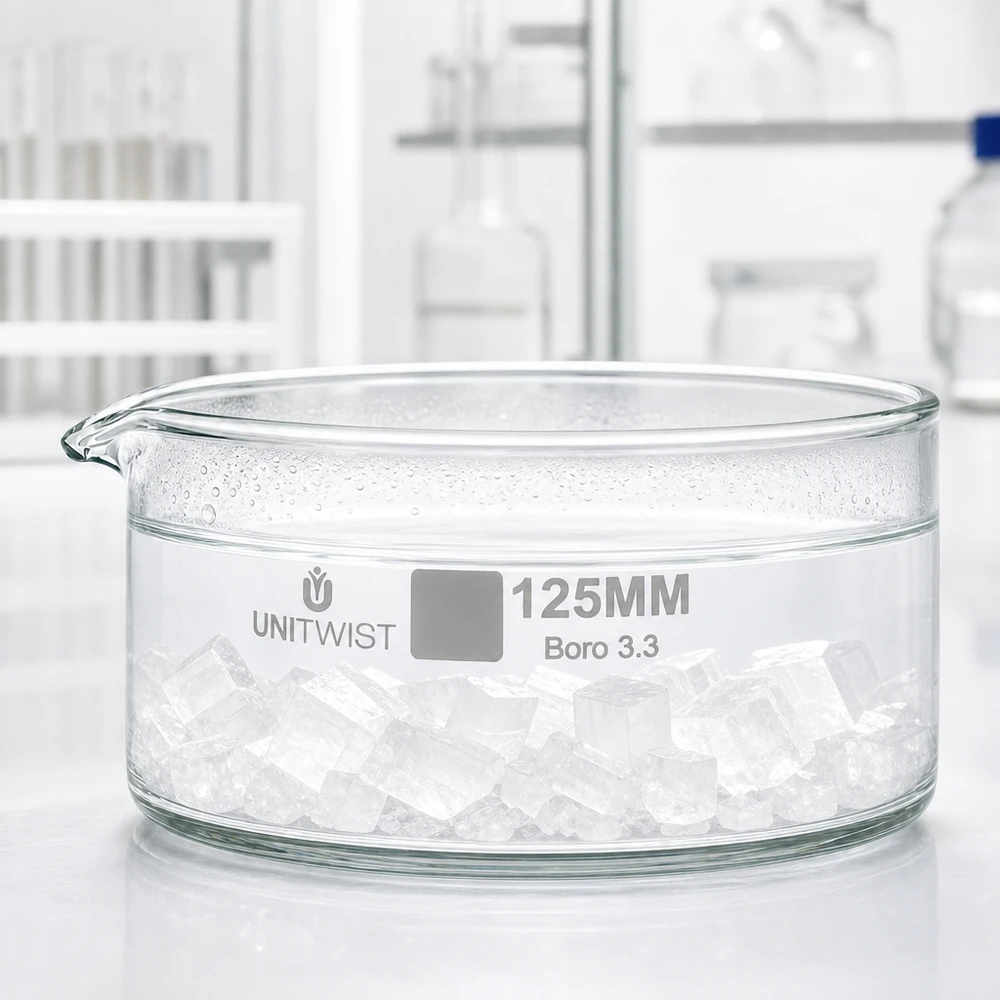 Kristallisierschale 125mm Borosilikatglas Boro 3.3 UNiTWIST für Labor und Gewerbe gefüllt mit Eiswürfeln