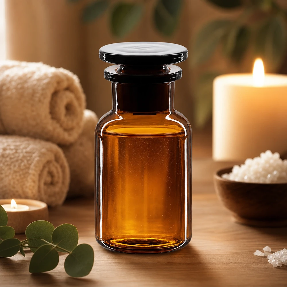 Rundschulterfl. 100ml braun Weithals Glasstopfen Braune Weithals-Rundschulterflasche 100ml mit Glasstopfen für professionellen Einsatz im Fachhandel