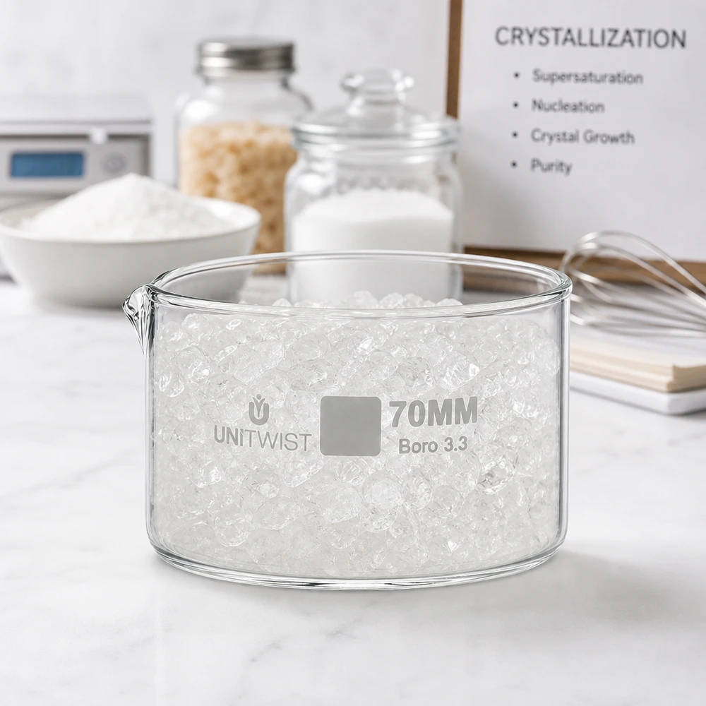 Kristallisierschale ø70mm Borosilikatglas UNiTWIST Kristallisierschale ø70mm Borosilikatglas Boro 3.3 UNiTWIST gefüllt mit Kristallen für Labor und Gewerbe