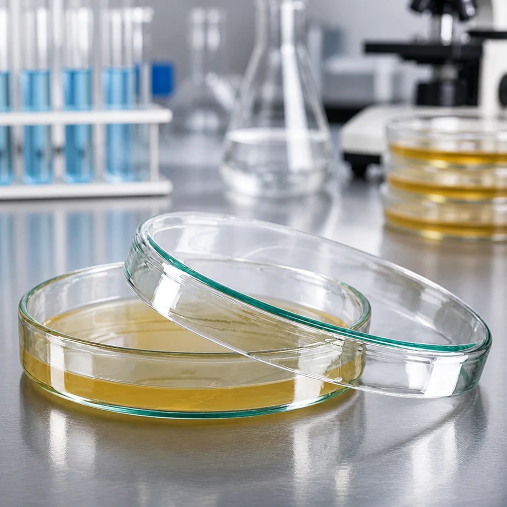Petrischale 100x20mm Glas Petrischale 100x20mm aus Borosilikatglas für mikrobiologische Laboranwendungen mit Nährboden gefüllt