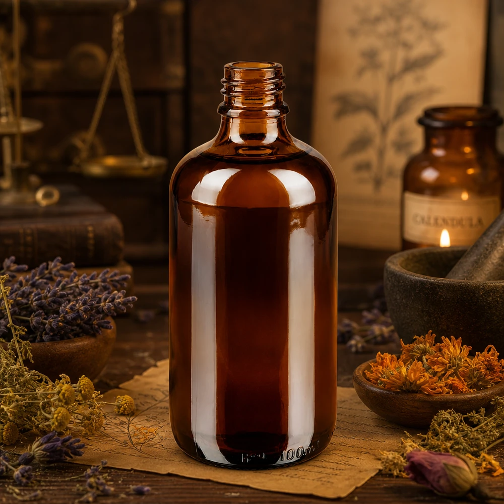 Tropfflasche 100 ml DIN 18 aus Braunglas 100ml braune Apothekenflasche ApoGlas mit getrockneten Heilkräutern und Mörser in traditioneller Kräuterapotheke