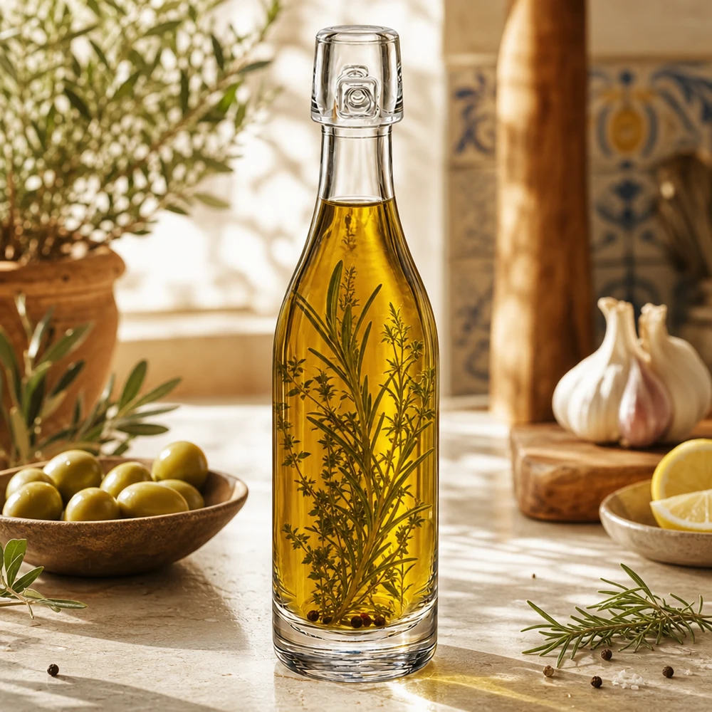 50ml Glasflasche UNiTWIST mit Olivenöl und Kräutern befüllt mediterrane Küche Oliven Knoblauch Rosmarin Dekoration