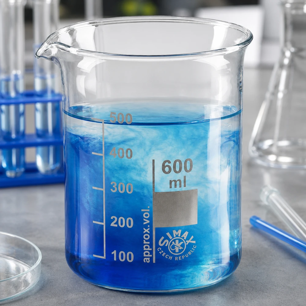 Becherglas 600ml Borosilikatglas, niedrige Form Becherglas 600ml Borosilikatglas niedrige Form mit blauer Lösung für professionelle Laboranwendungen