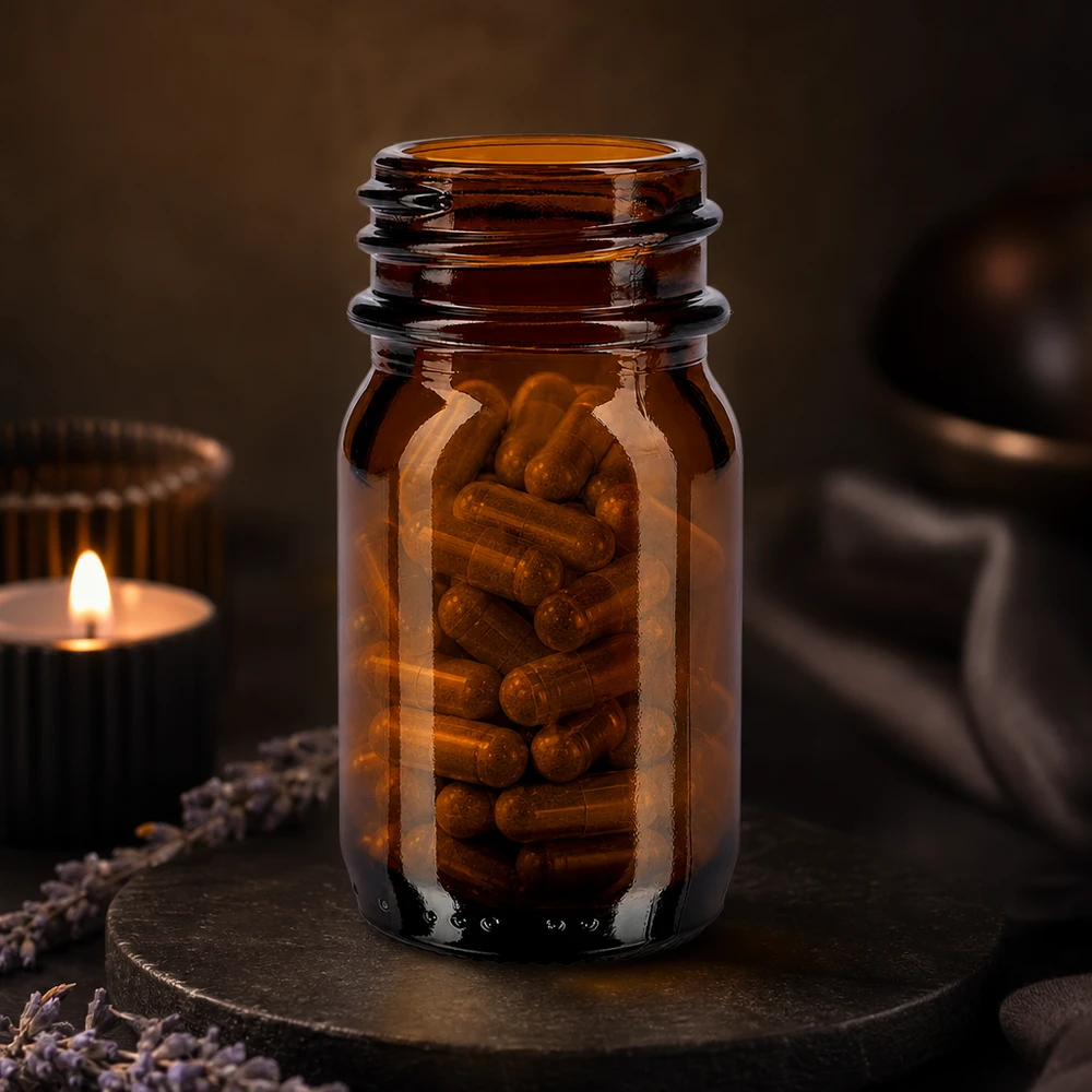 30ml Weithalsflasche Braunglas 30ml Weithalsflasche aus Braunglas für professionelle Anwendung mit Kapseln gefüllt auf dunklem Untergrund