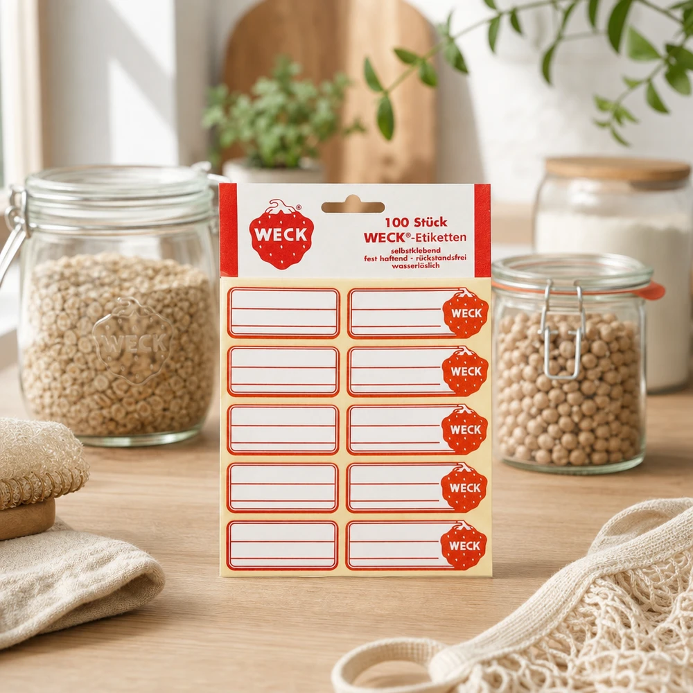 WECK Etiketten 19x13mm (Pack(s) mit 100 Stück) WECK Etiketten Produktverpackung mit 100 Stück selbstklebenden Aufklebern neben Vorratsglasern mit Getreide