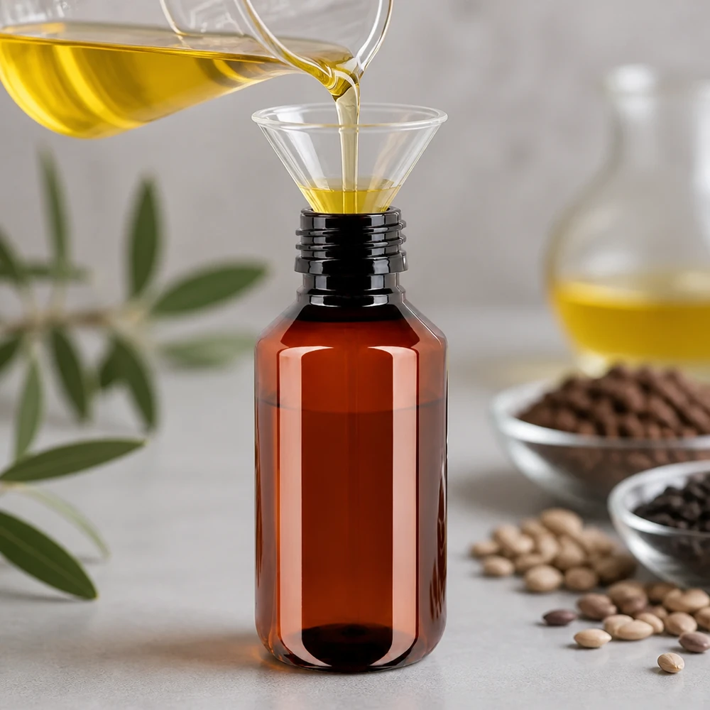 PET Flasche 100ml PP28 braun Öl wird eingefüllt professionelle Abfüllung Gewerbebedarf Pacadura