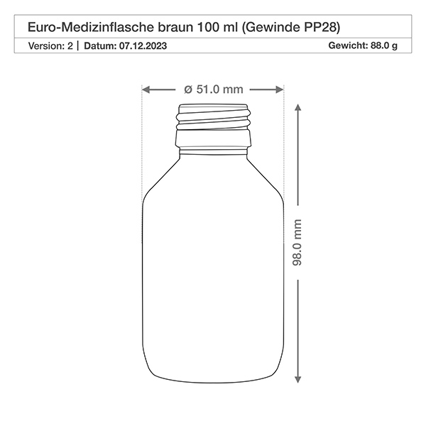 100ml Medizinflasche braun, ohne Verschluss PP28 ApoGlas 100ml Medizinflasche braun Glas ohne Verschluss PP28 Gewinde für professionellen pharmazeutischen Einsatz
