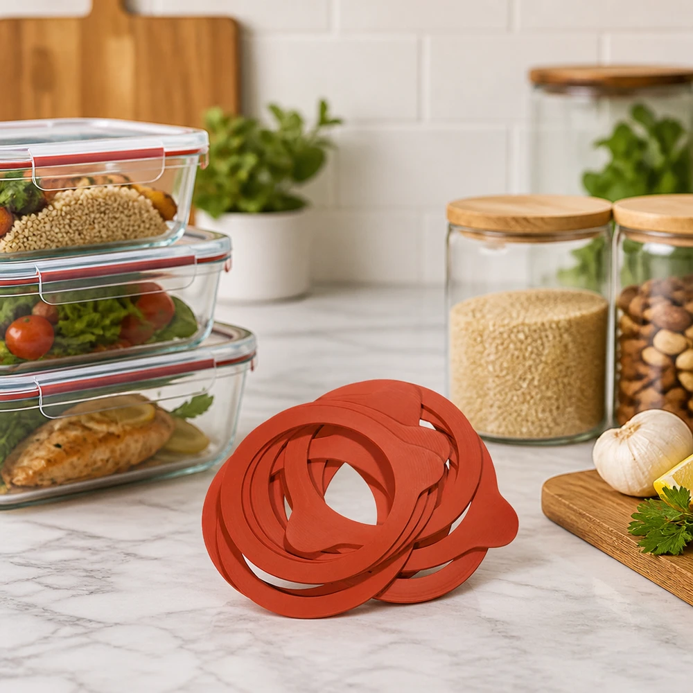 Einkochringe RR100 Naturgummi rot auf Marmor-Arbeitsplatte neben Meal-Prep-Boxen und Vorratsgläsern in moderner Küche