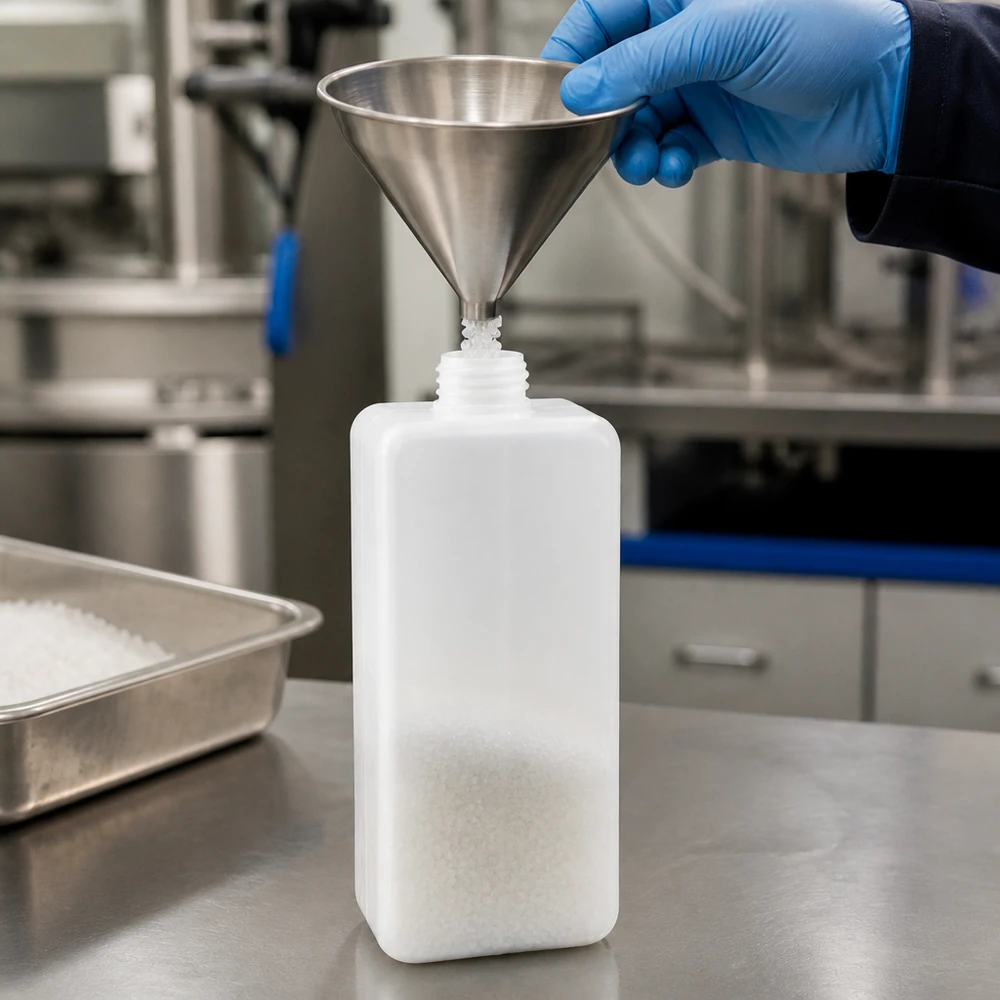 Chemikalienflasche 1000ml PE-HD Enghals GL32 beim Befüllen mit Trichter im Labor
