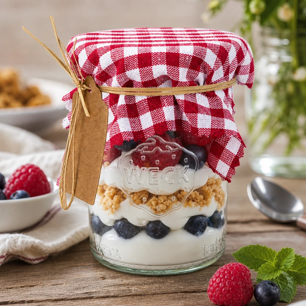 Bordeaux-kariertes Schmuckdeckchen 12cm eckig auf Marmeladenglas mit Beeren-Dessert und dekorativem Anhänger