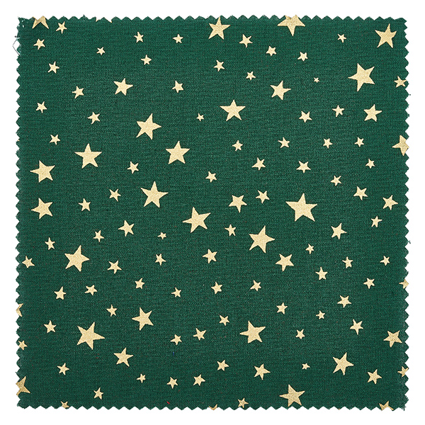 Detailaufnahme grüner Stoff mit goldenen Sternen verschiedener Größen, Schmuckdeckchen Material 12x12cm eckig