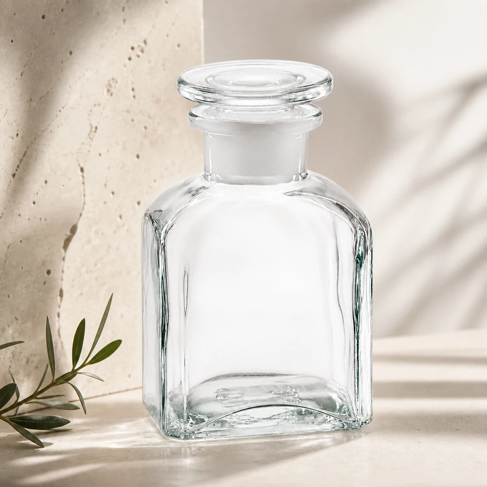 Vierkantflasche 150ml klar Weithals Glasstopfen Vierkantflasche 150ml Klarglas mit Glasstopfen Weithals für gewerbliche Abfüllung Pacadura