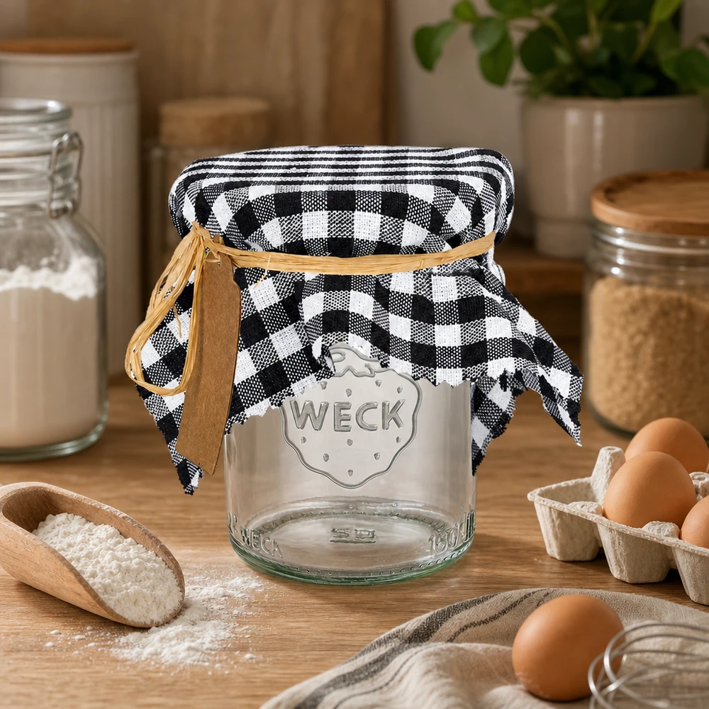 Schwarzkariertes Schmuckdeckchen mit Lederband auf WECK-Glas neben Eiern und Mehl in rustikaler Küche 15cm eckig