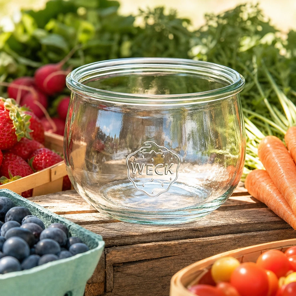 WECK Tulpenglas 580ml RR100 Einmachglas aus Glas mit Logo umgeben von frischem Obst und Gemüse auf Holztisch