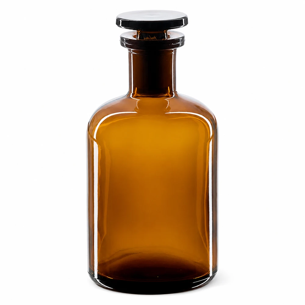 Rundschulterfl. 100ml braun Enghals Glasstopfen Braune Enghals-Rundschulterflasche 100ml aus Glas mit Glasstopfen für professionellen Laboreinsatz