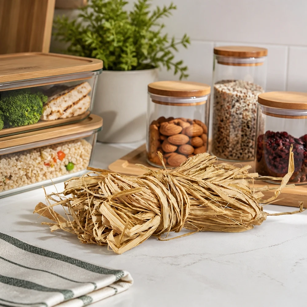 Naturbast zum Dekorieren 30g Naturbast 30g goldbeige auf Küchenarbeitsplatte mit Vorratsgläsern zeigt praktische Küchenorganisation und Dekoideen