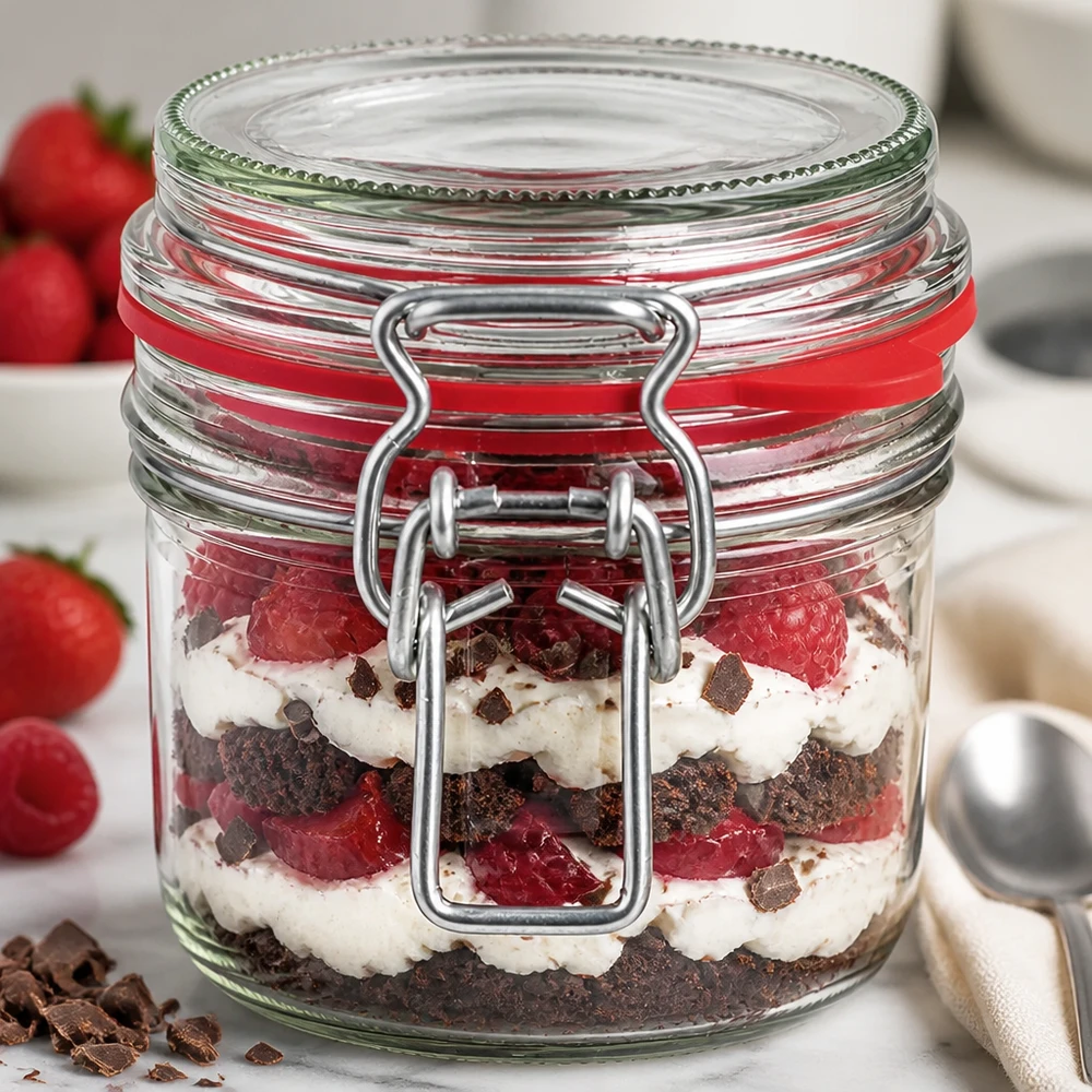 255ml Bügelverschluss-Vorratsglas befüllt mit Dessert-Schichtaufbau aus Sahne Beeren und Schokolade für Gastronomie