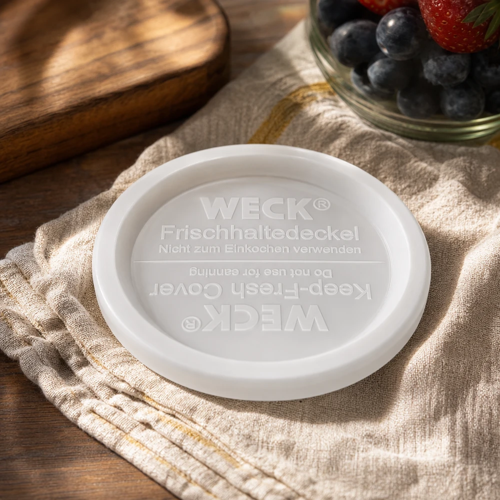 WECK Frischhaltedeckel RR120 WECK Frischhaltedeckel RR120 Lifestyle-Aufnahme auf Leinentuch mit Beerenschale und Holzbrett Küchendekoration