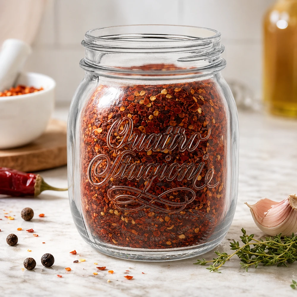 700ml Rundglas "Quattro Stagioni" QS86mm 700ml Quattro Stagioni Haushaltsglas mit Chili-Gewürzmischung gefüllt auf Küchenarbeitsplatte mit Kräutern und Knoblauch