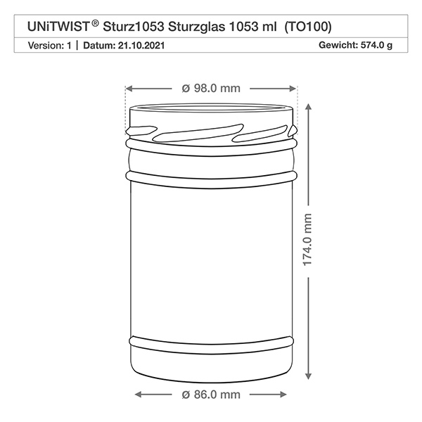 UNiTWIST Sturzglas 1053ml TO100 technische Zeichnung mit Maßangaben Durchmesser 98mm Höhe 174mm Gewicht 574g