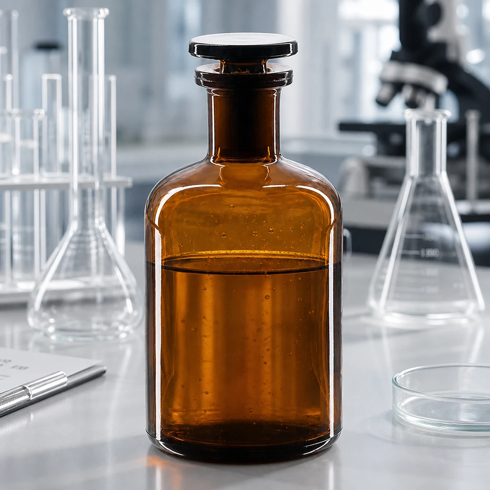 Rundschulterfl. 100ml braun Enghals Glasstopfen Braune Enghals-Rundschulterflasche 100ml aus Glas mit Glasstopfen für Labor und Fachhandel