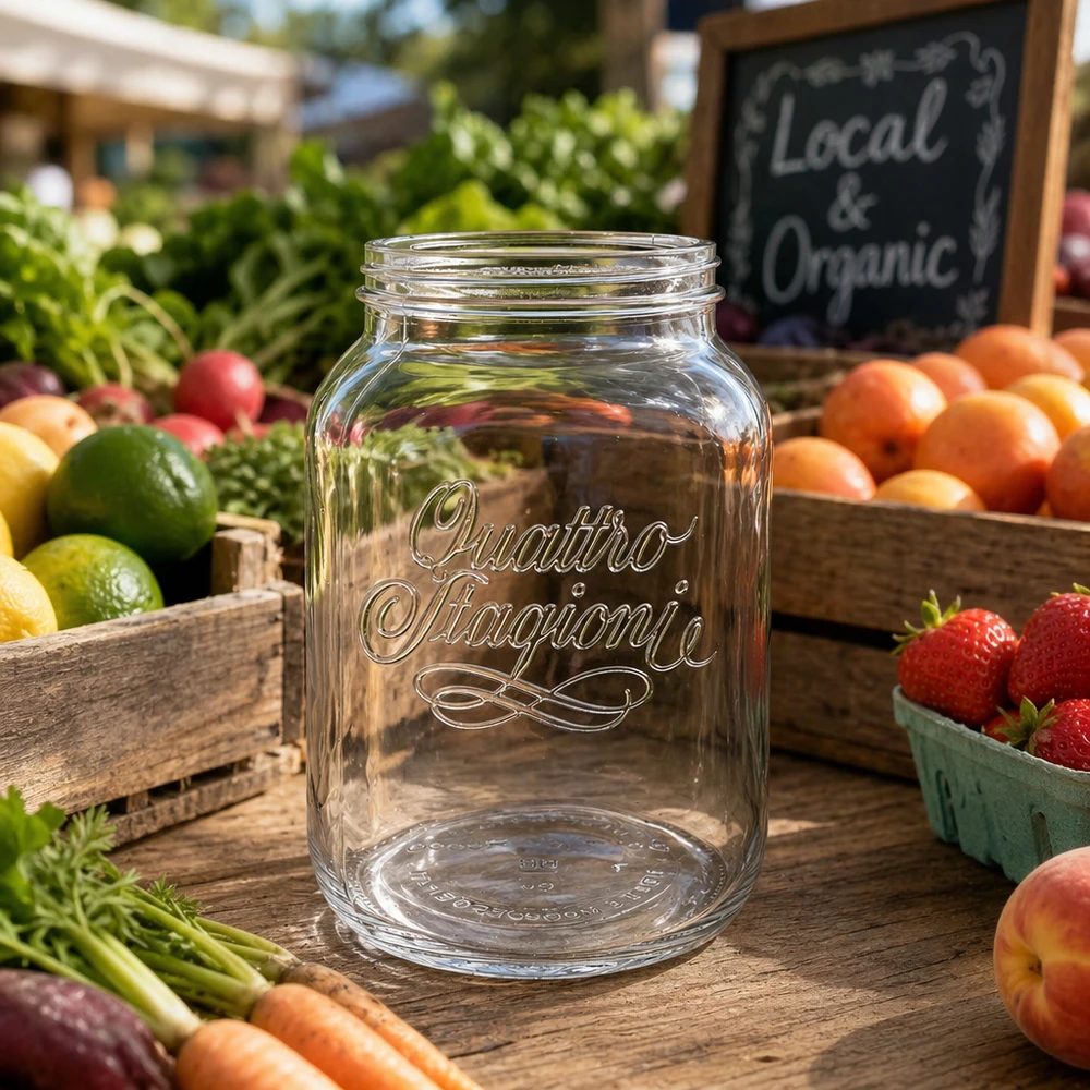 3000ml Rundglas "Quattro Stagioni" QS110mm 3000ml Quattro Stagioni Haushaltsglas auf Holztisch mit frischem Obst und Gemüse vom Bauernmarkt